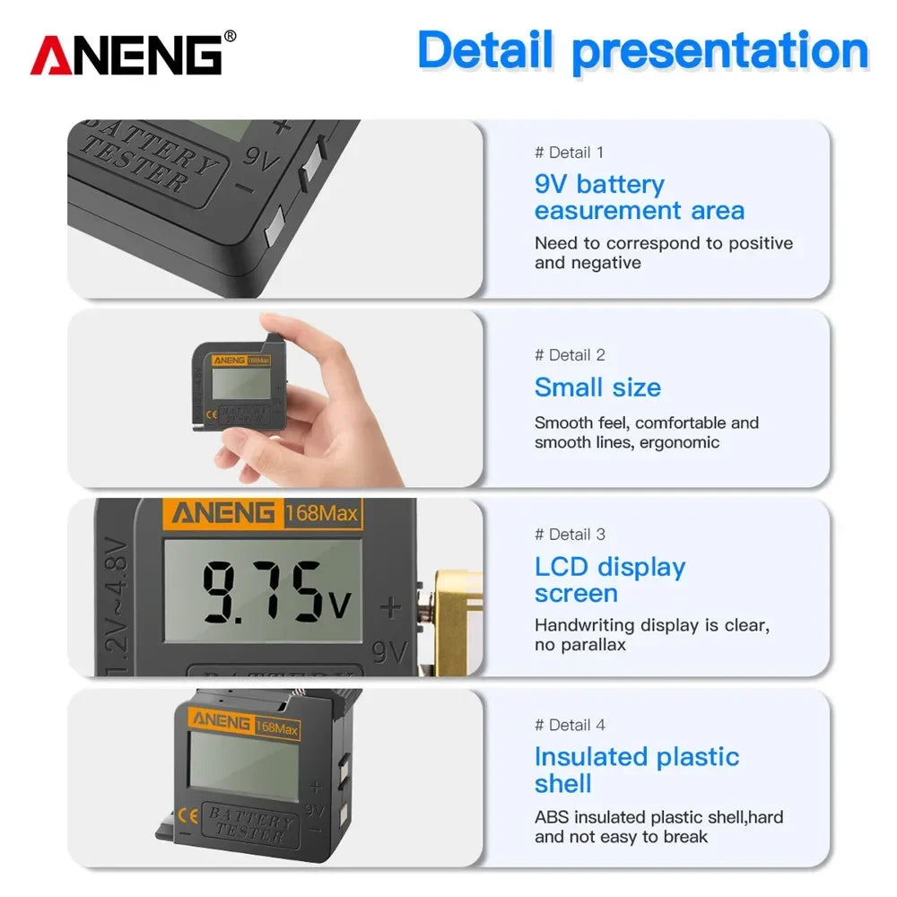 ANENG 168Max Digital Lithium Battery Tester | Universal Capacity Checker for AAA AA Button Cells