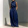 Women 2 Piece Outfit, Sleeveless High Neck Blouse & High Waist Wide