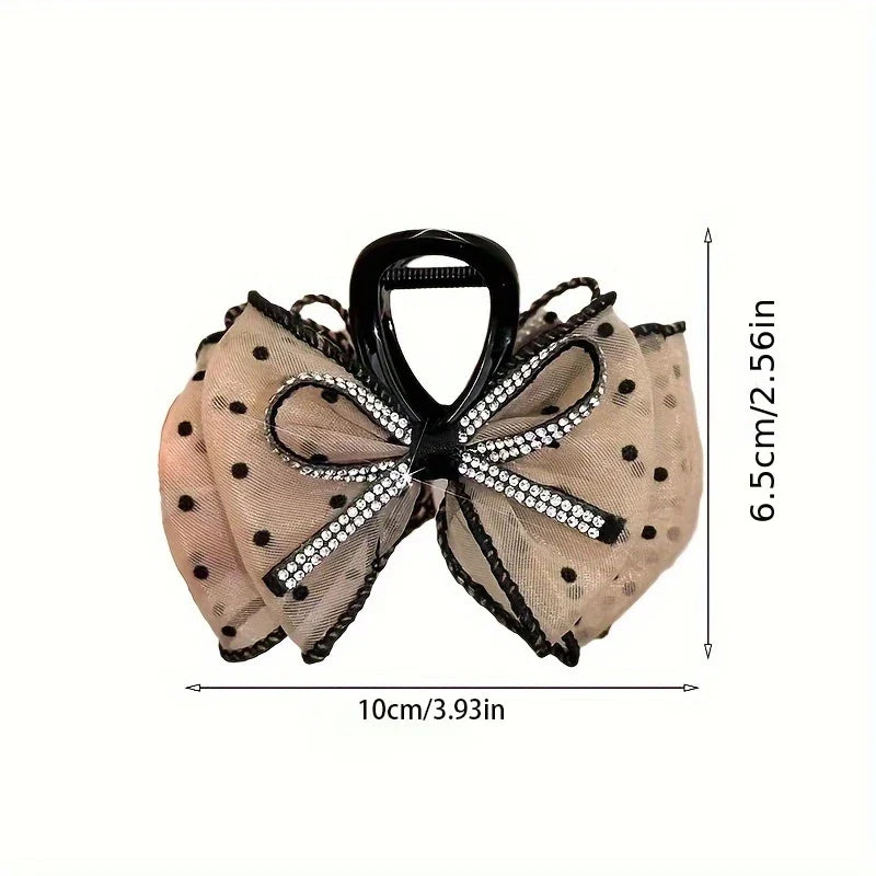 Mesh Bow Rhinestones Hair Clip