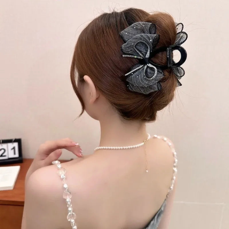 Mesh Bow Rhinestones Hair Clip