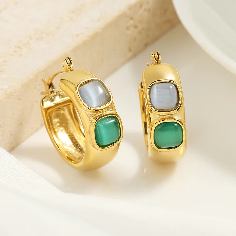 Vintage Green Stone Hoop Earrings