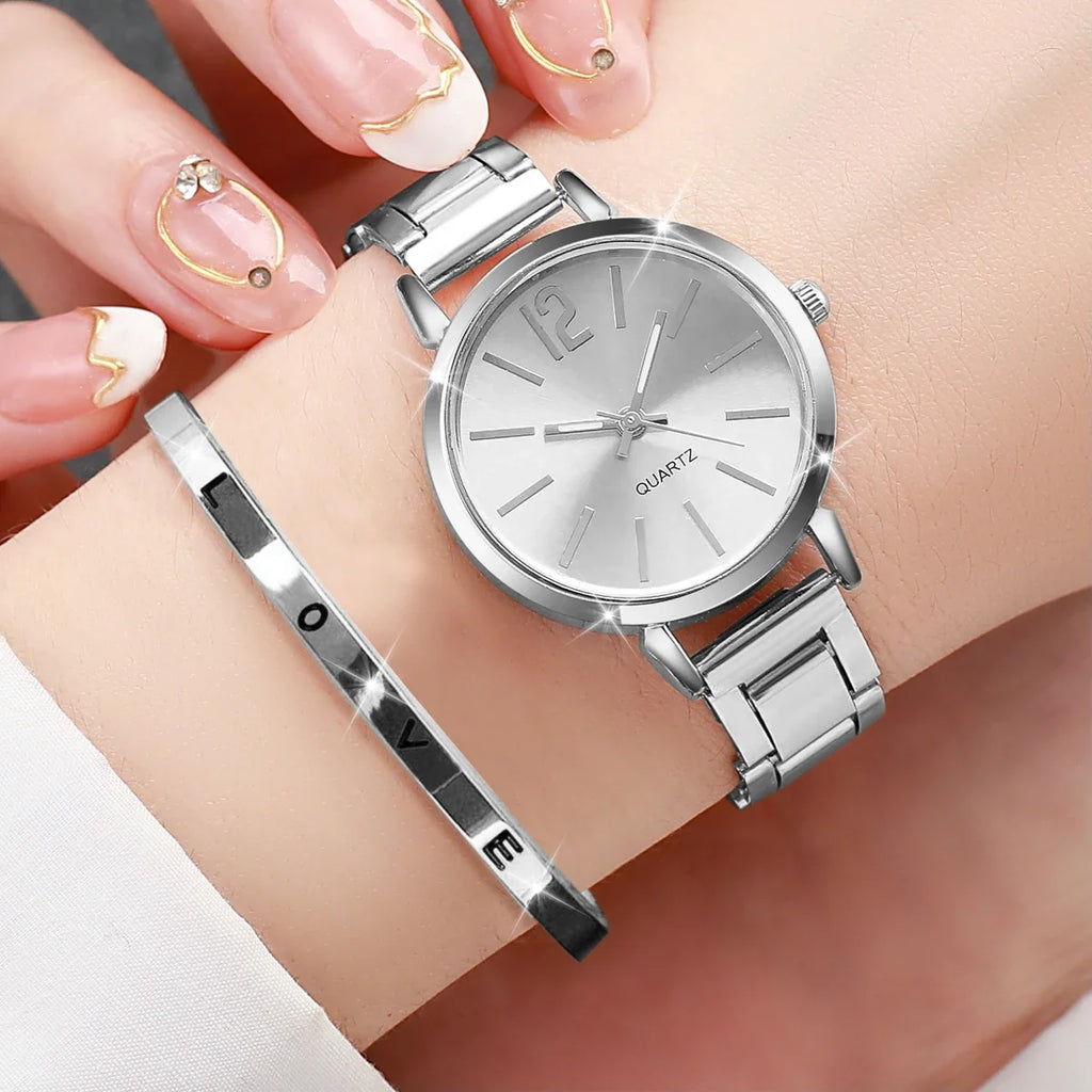 2PCS Fashion Womens Watches Opening Cuff Bracelet Set Gold Simple Round Ladies Quartz Wristwatch Reloj Mujer