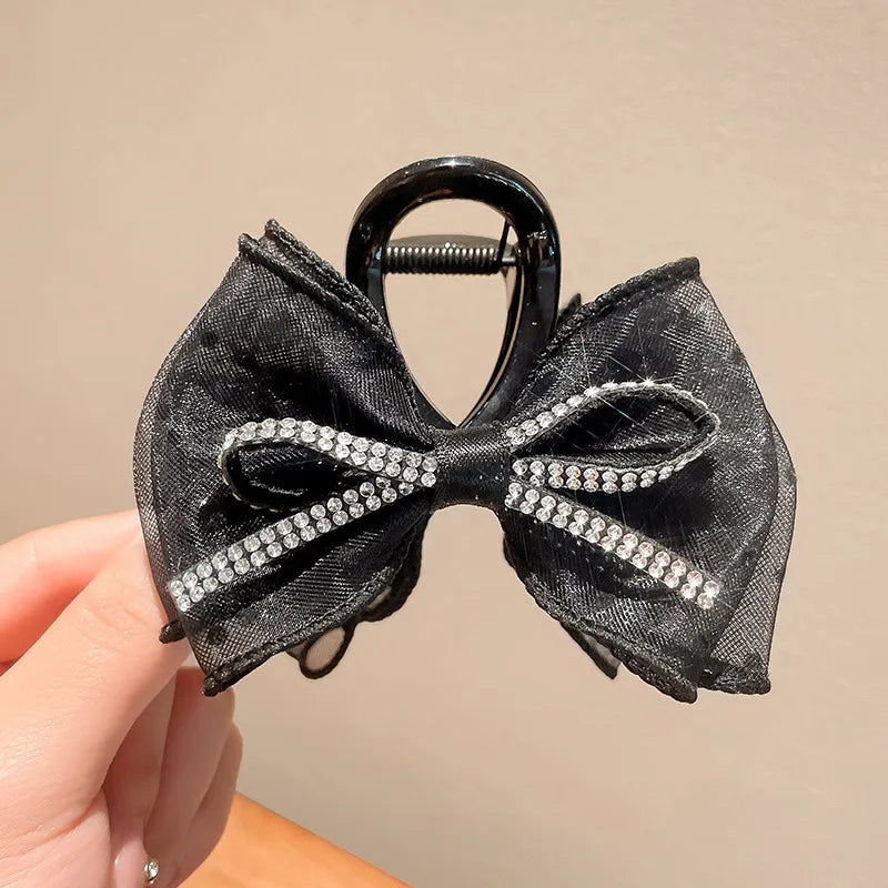 Mesh Bow Rhinestones Hair Clip