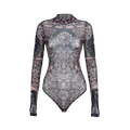 Gothic Print Naked See Through Bodycon Jumpsuits Y2K Lace Mesh Long Sleeve Slim Bodysuits Women Summer T-Shirts Tops Streetwear