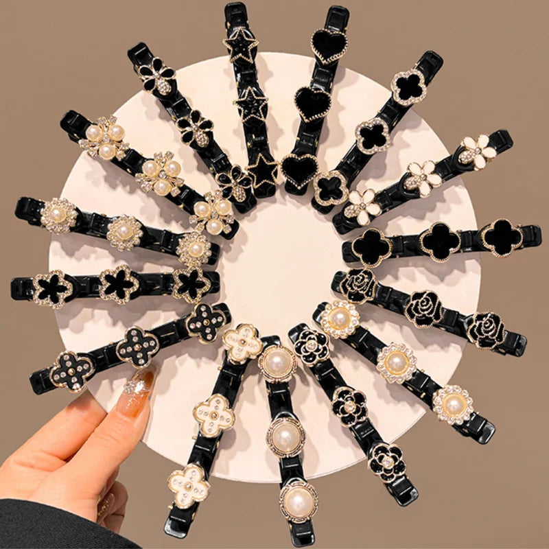 2pcs Korean Rhinestone Braided Hair Clip for Woman Temperament Duckbill