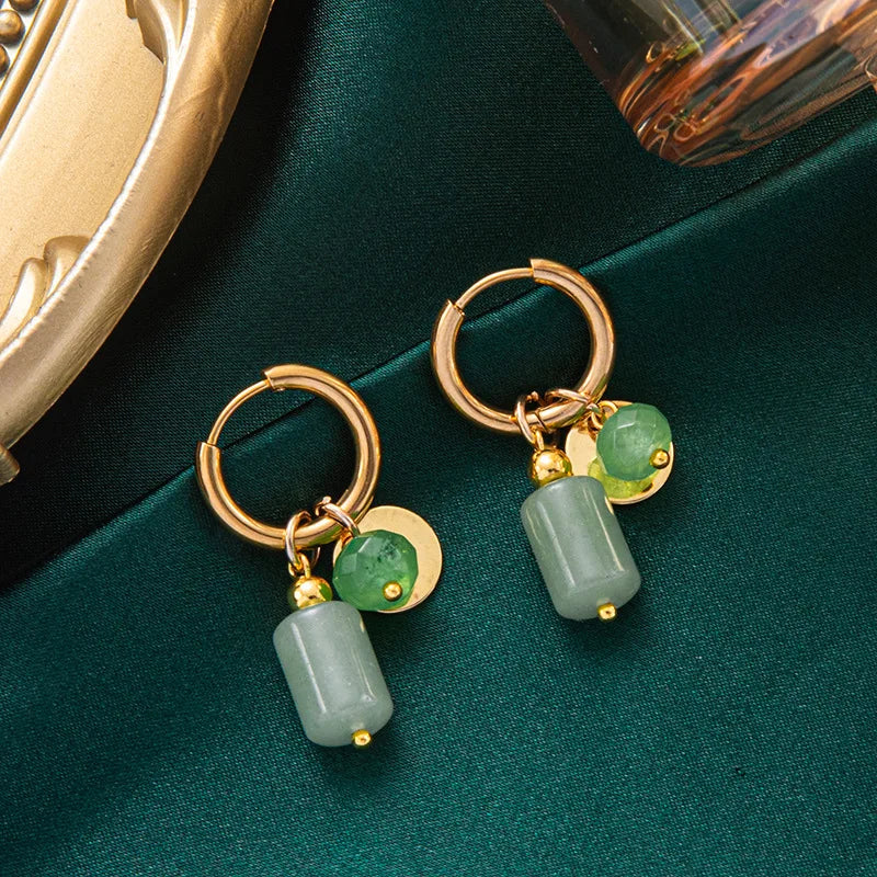 Vintage Green Stone Hoop Earrings