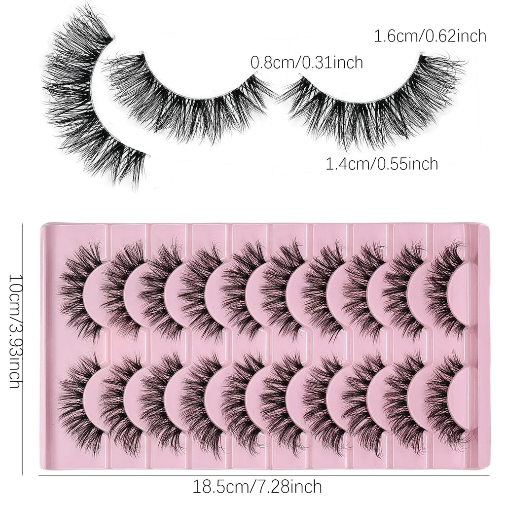 10 Pairs Natural Fluffy False Eyelashes Wispy Lashes | 3D Volume Strip Lashes D Curl Fake Eyelashes with Clear Band