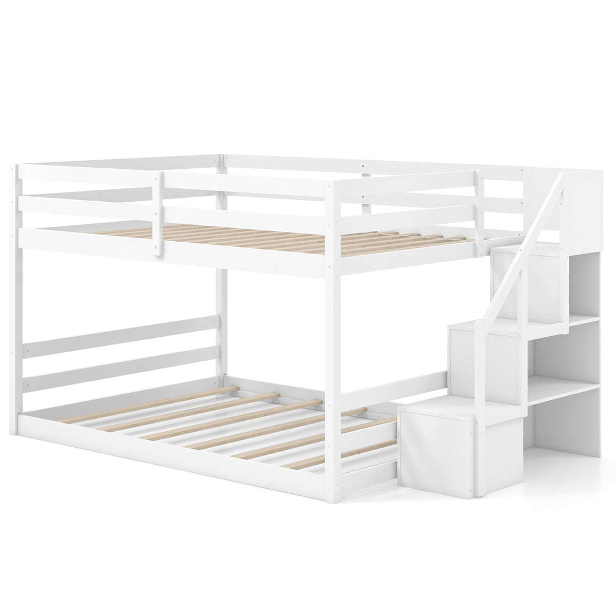Solid Wood Full Over Full Low Bunk Bed with Storage Stairs