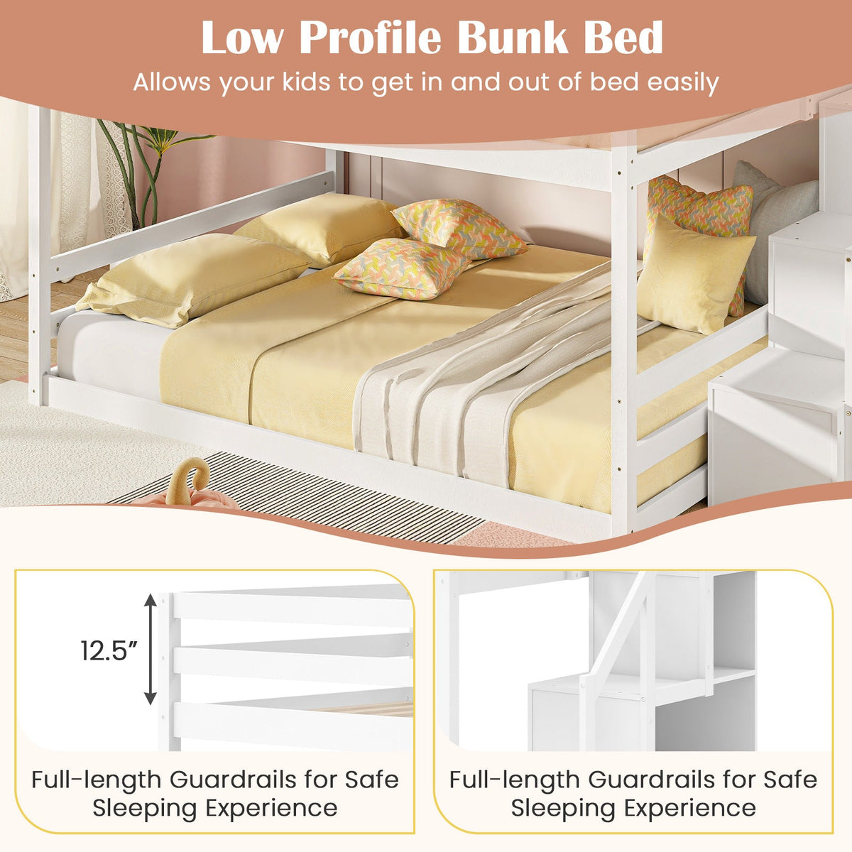 Solid Wood Full Over Full Low Bunk Bed with Storage Stairs
