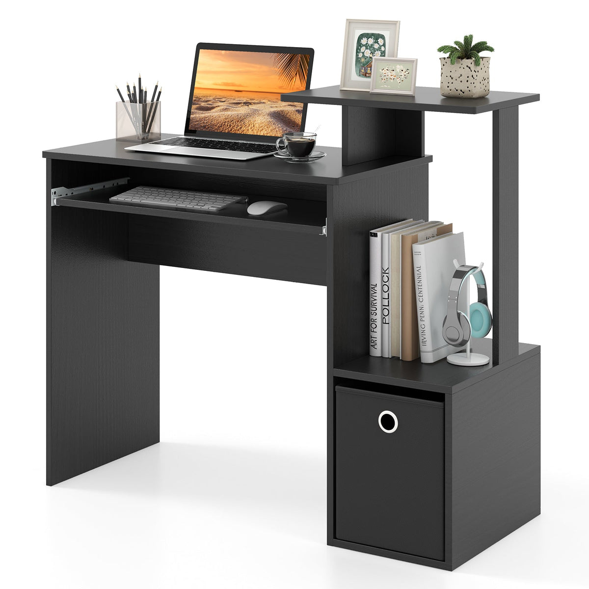 Space-saving Computer Desk with Pull-out Keyboard Tray