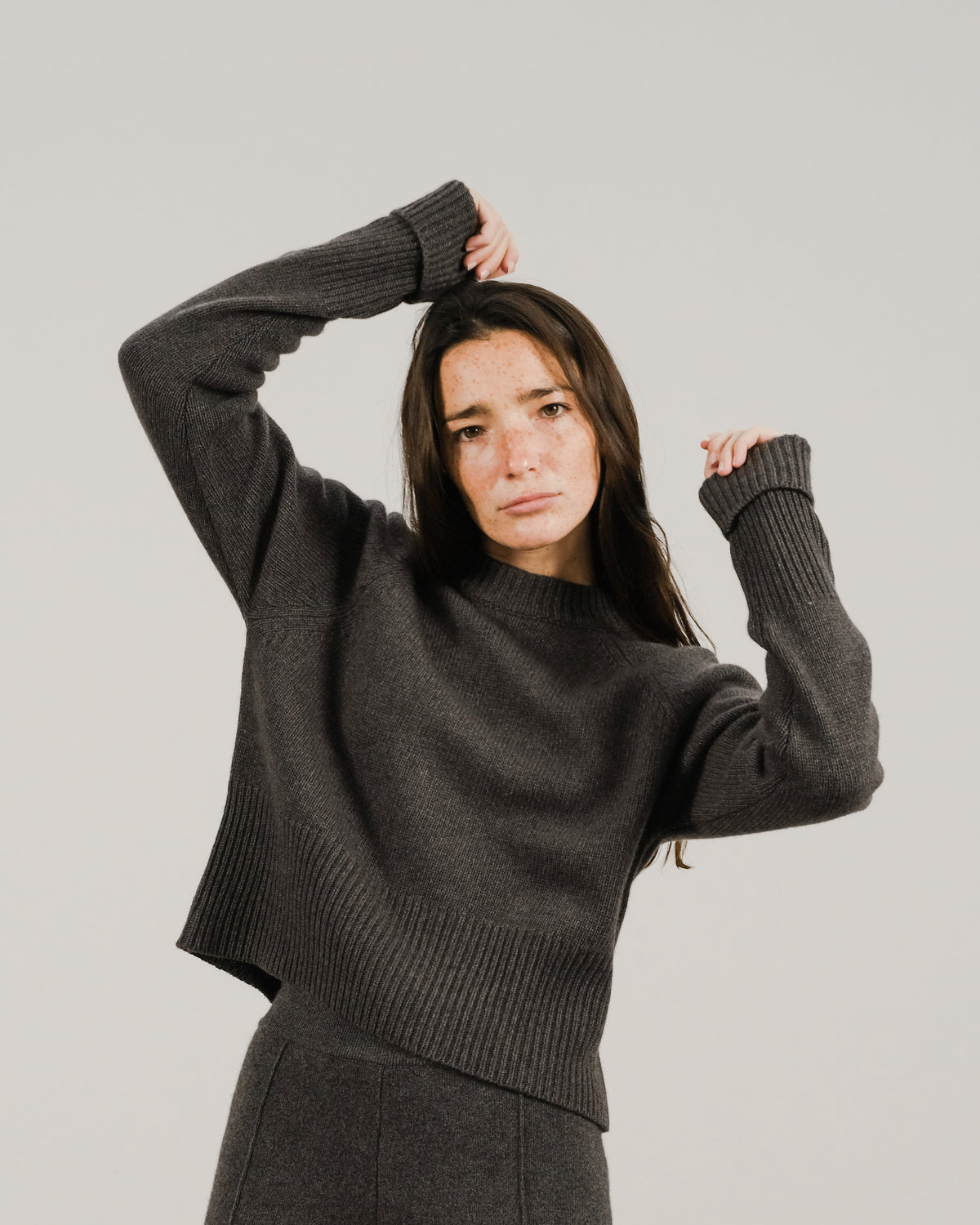 Cashmere Mix Roll-Up Cuff Crewneck