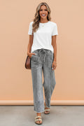 Denim Raw Hem Drawstring Wide Leg Pants-0