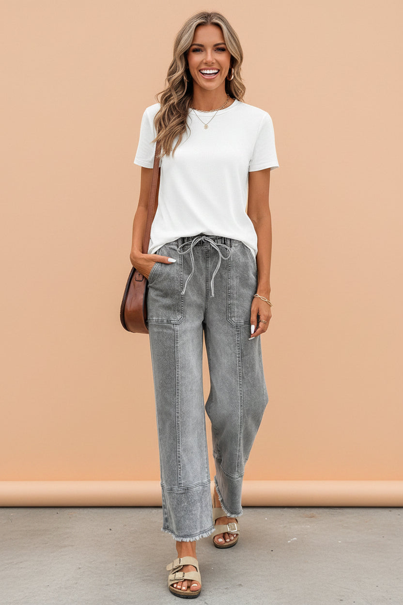 Denim Raw Hem Drawstring Wide Leg Pants-0