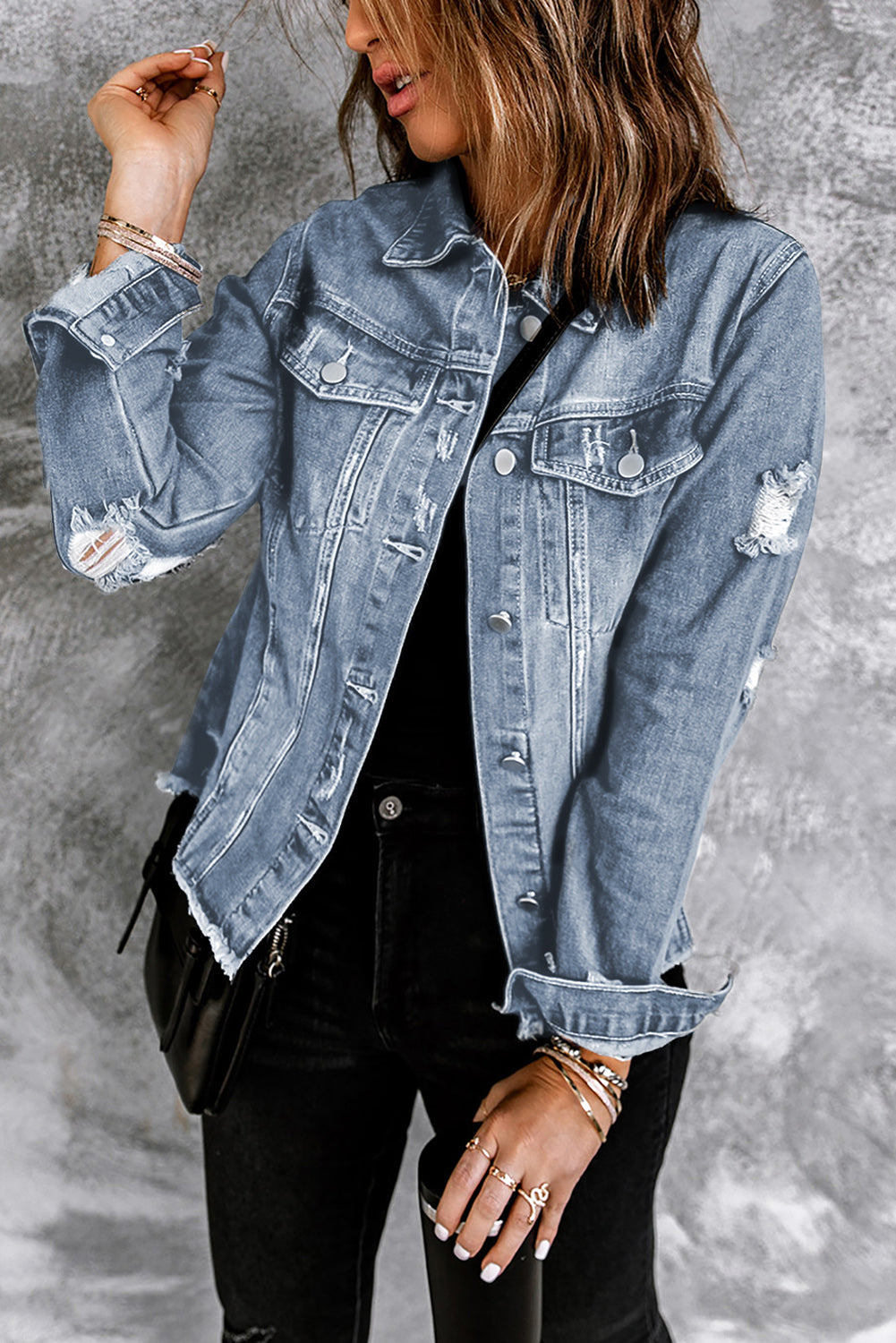 Denim Lapel Distressed Raw Hem Buttoned Jacket-3