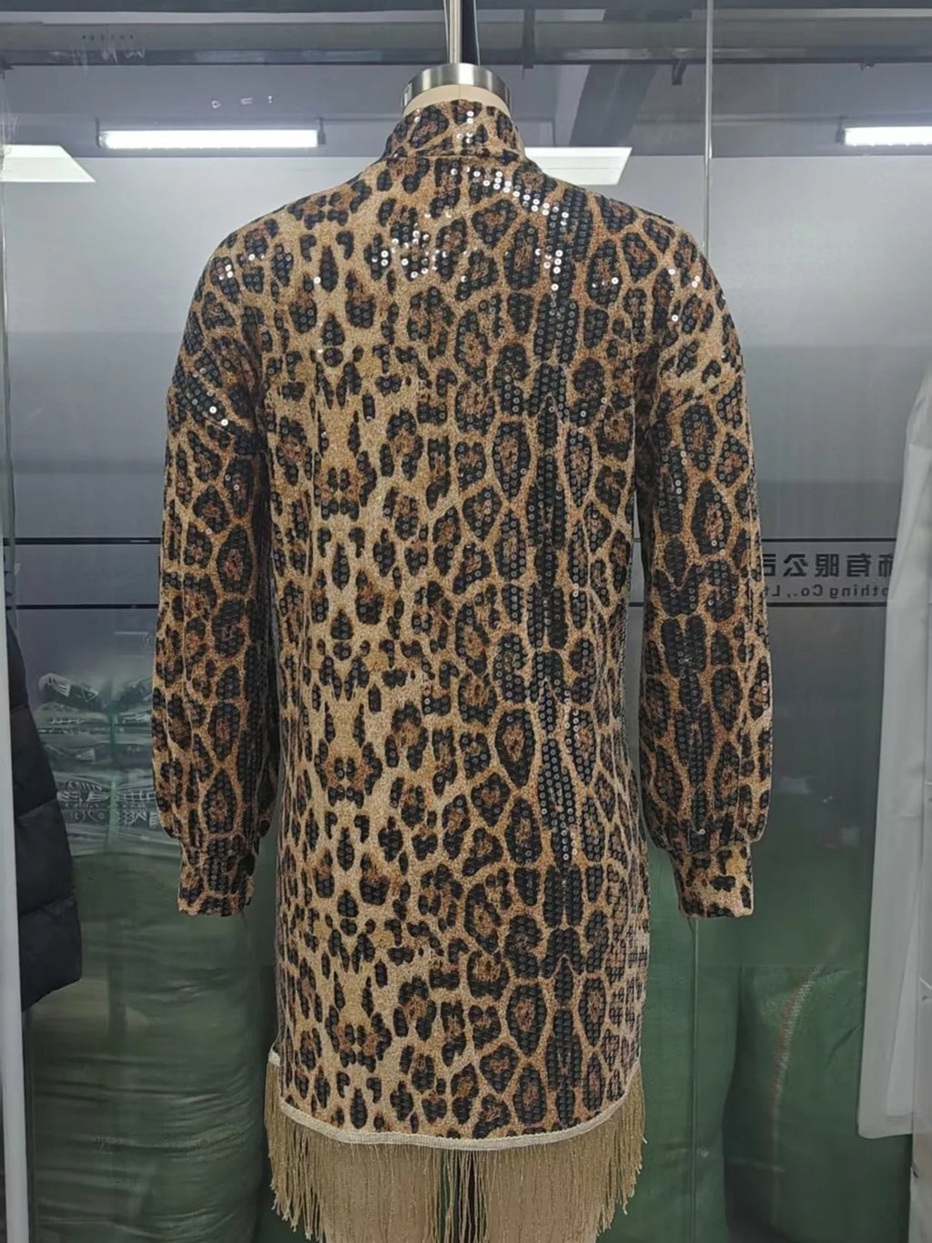 Full Size Leopard Sequin Mock Neck Fringe Hem Mini Dress Plus Size