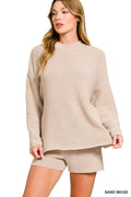 Zenana Round Neck Knit Top and Shorts Sweater Set