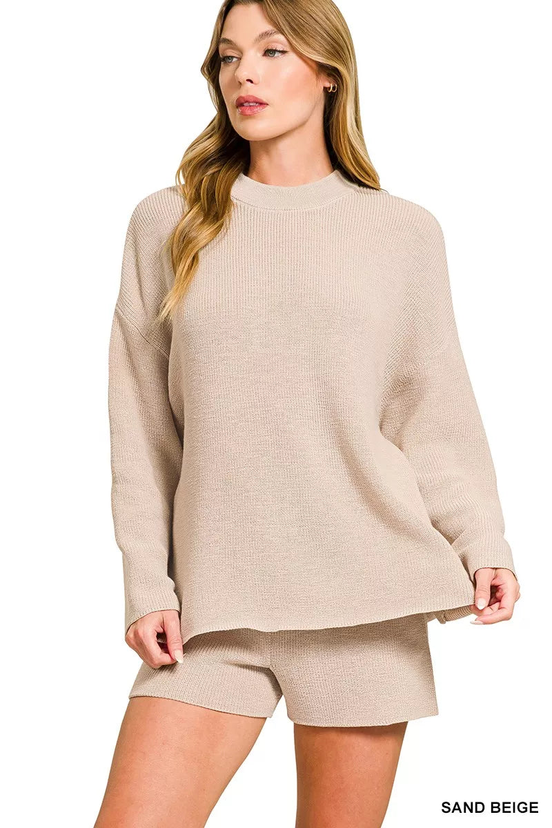 Zenana Round Neck Knit Top and Shorts Sweater Set