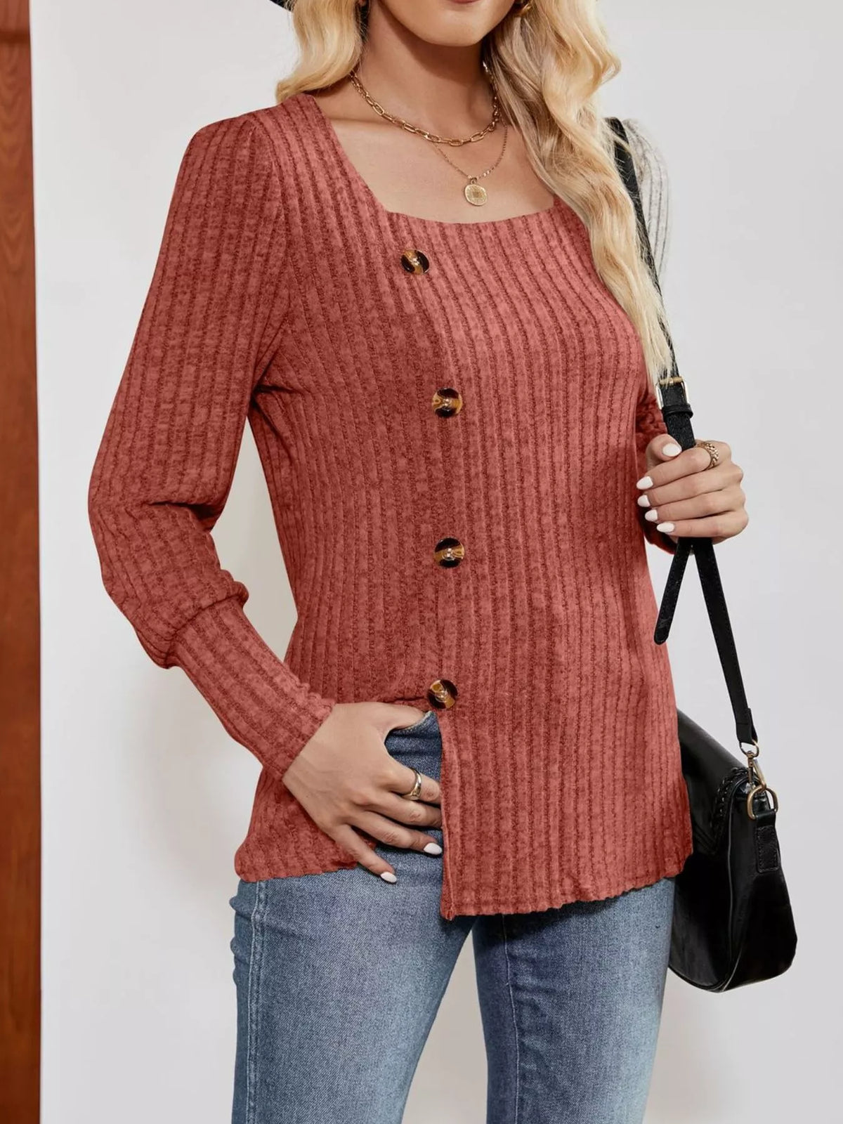 Ribbed Knit Slit Long Sleeve T-Shirt