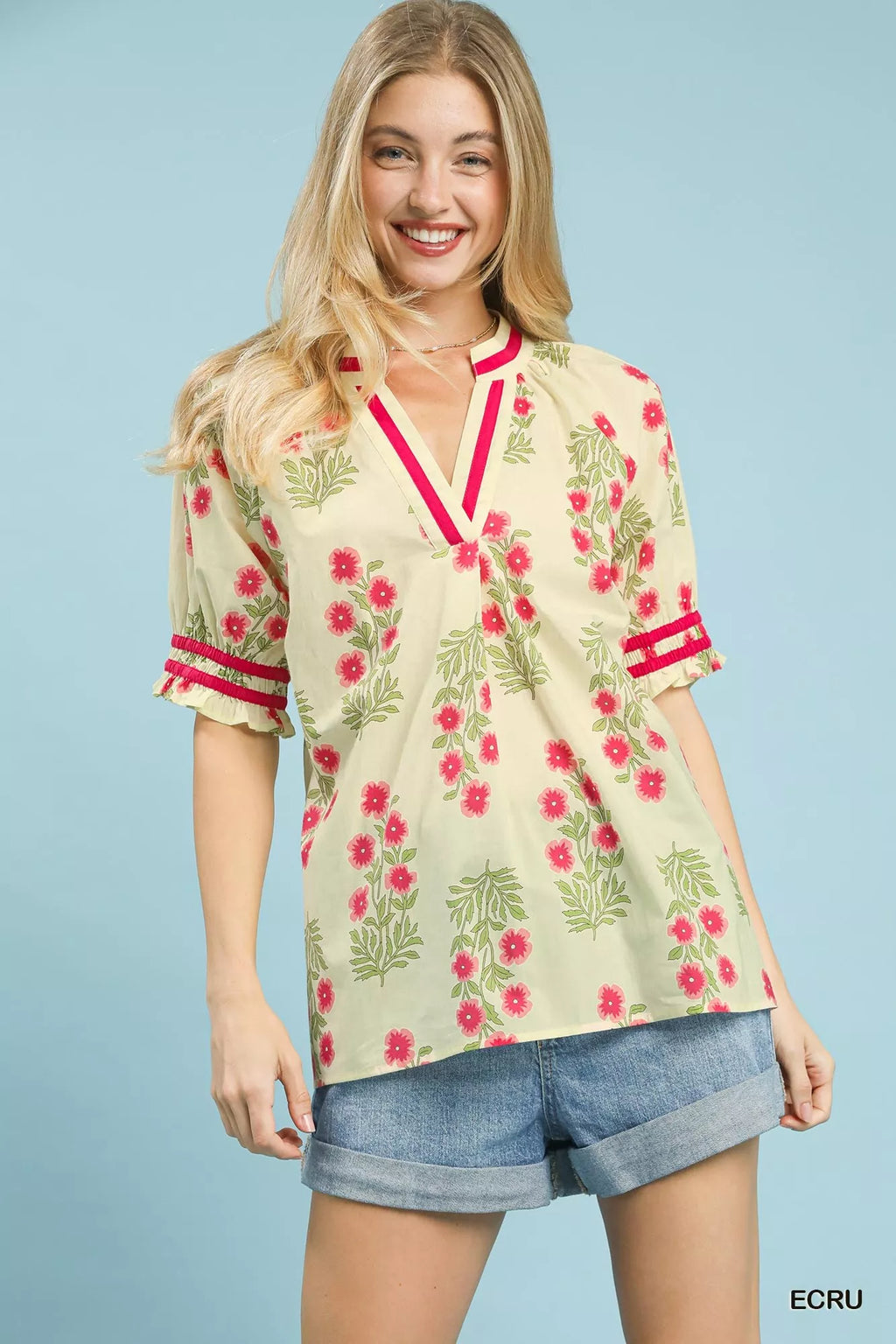 Umgee Floral V-Neck Puff Sleeve Top