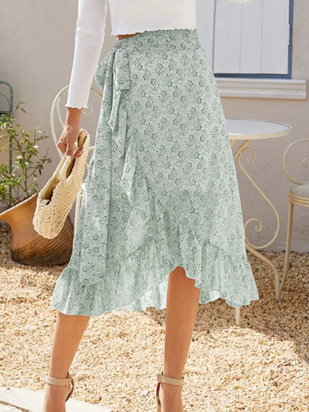 Printed Ruffled Midi Skirt