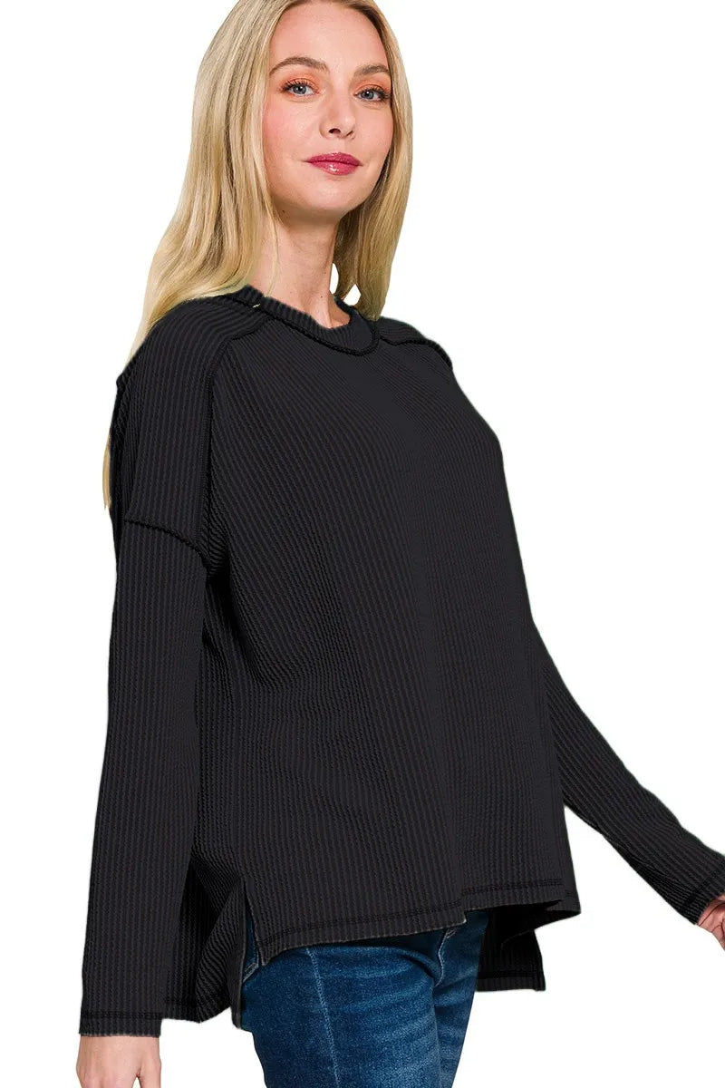 Zenana Full Size Exposed Seam Long Sleeve Corded Rib Knit Top Plus Size
