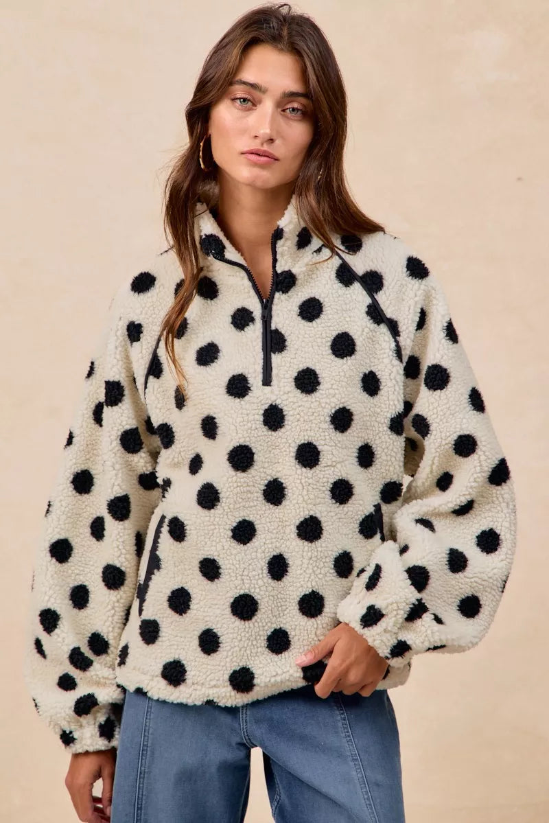BiBi Polka Dot Sherpa Half Zip Up Top with Side Pocket