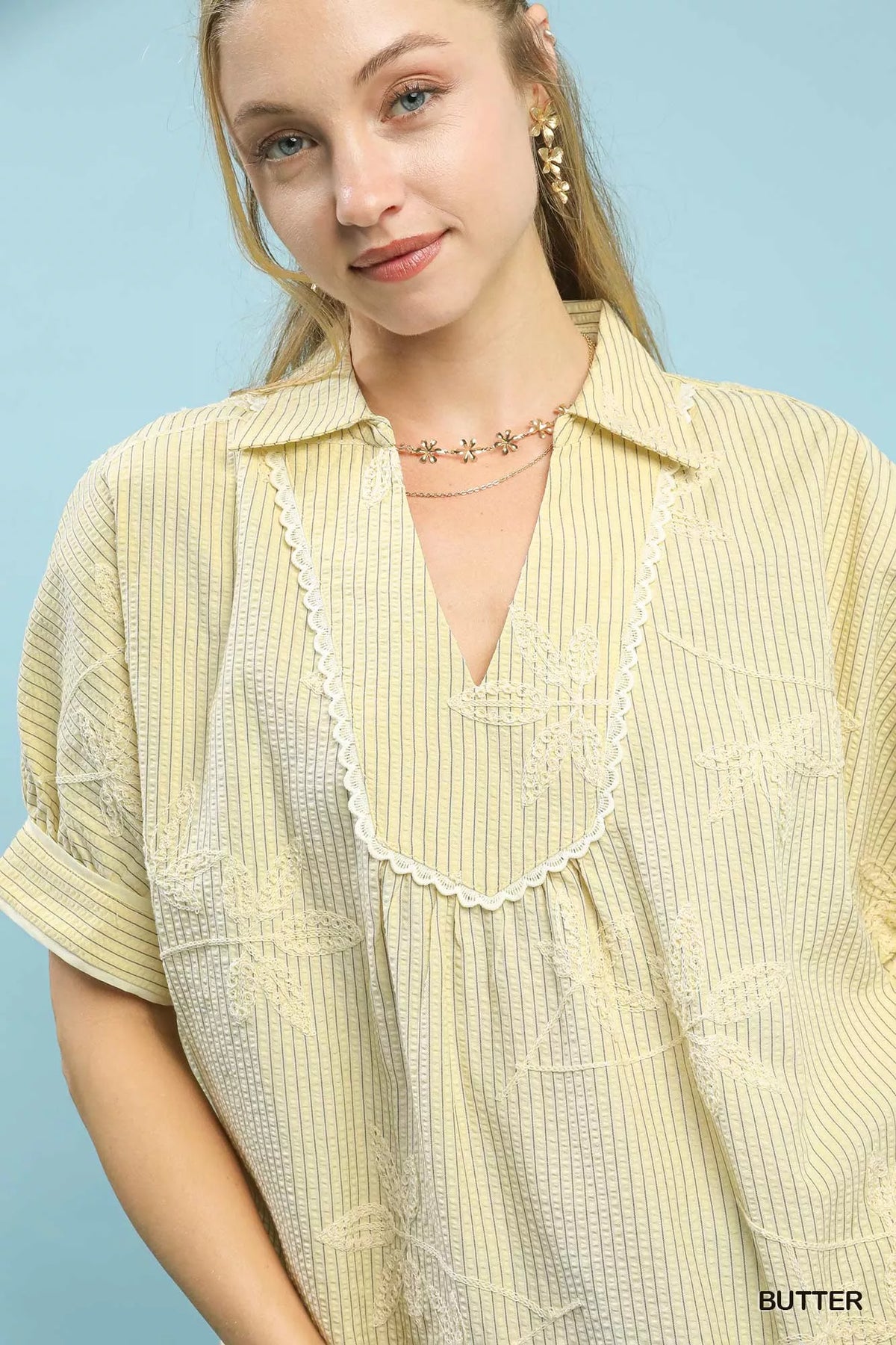 Umgee Striped Embroidered Blouse with Scallop Trim