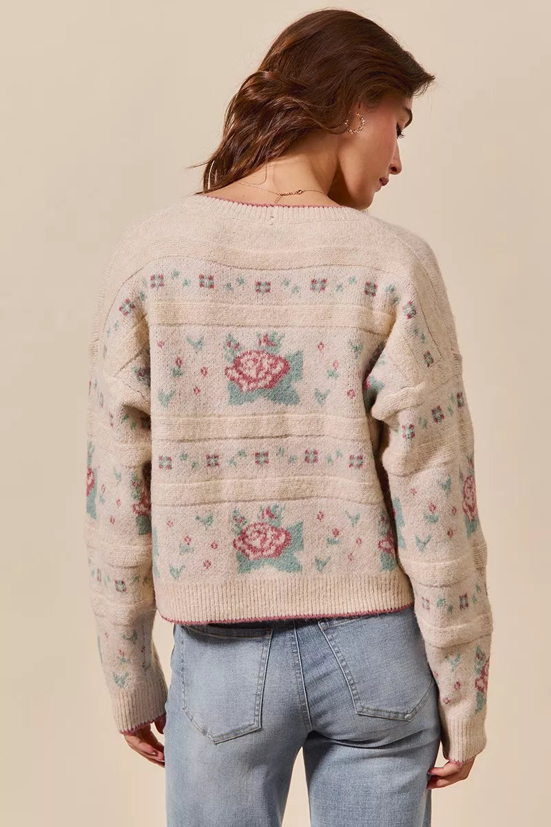 SO ME Floral Pattern Long Sleeve Button Sweater Cardigan