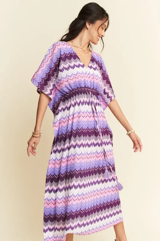 Davi & Dani Multi Color Wavy Tie Waist Flowy Sleeve Dress