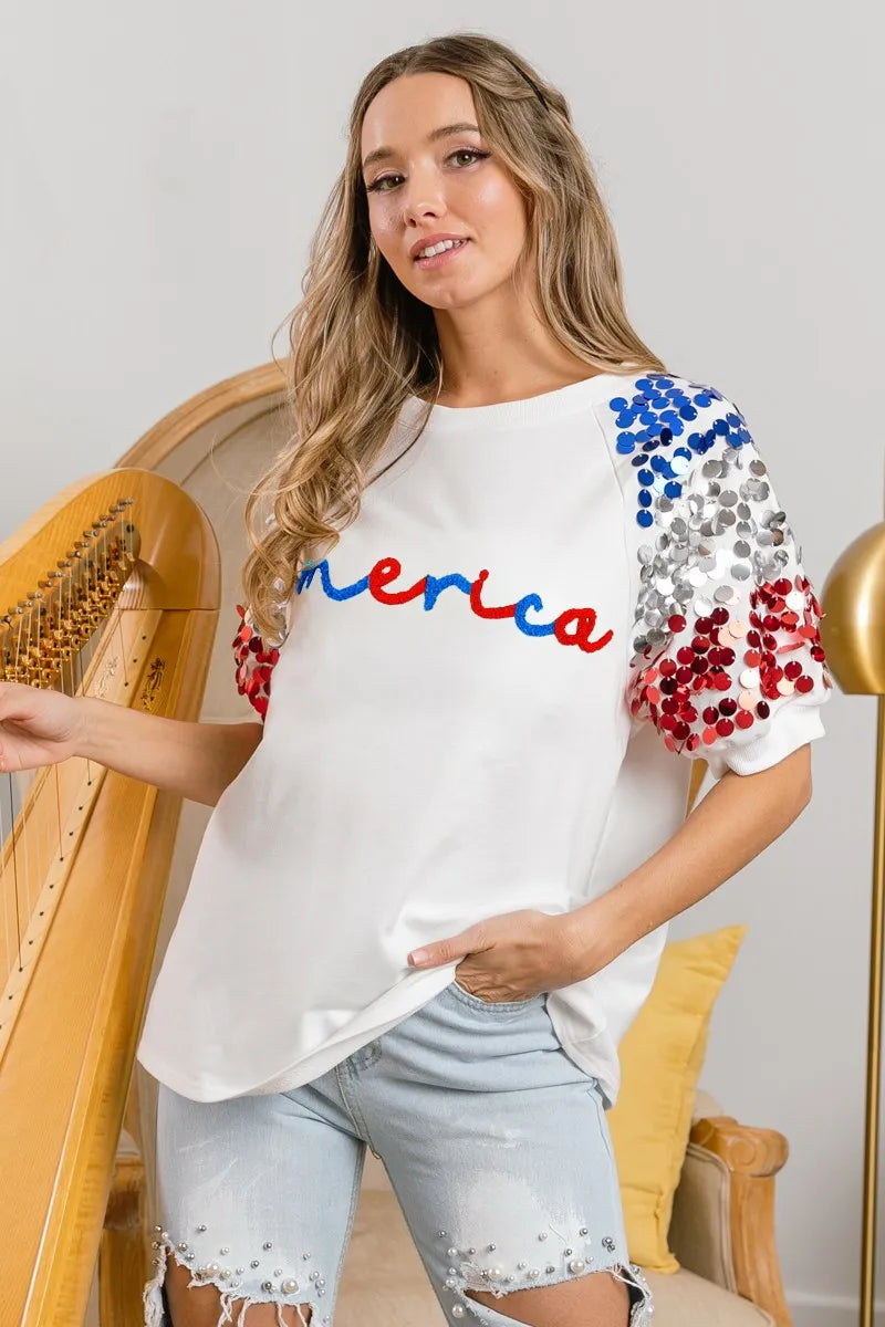 BiBi America Letter Applique Spangle Puff Sleeves Top