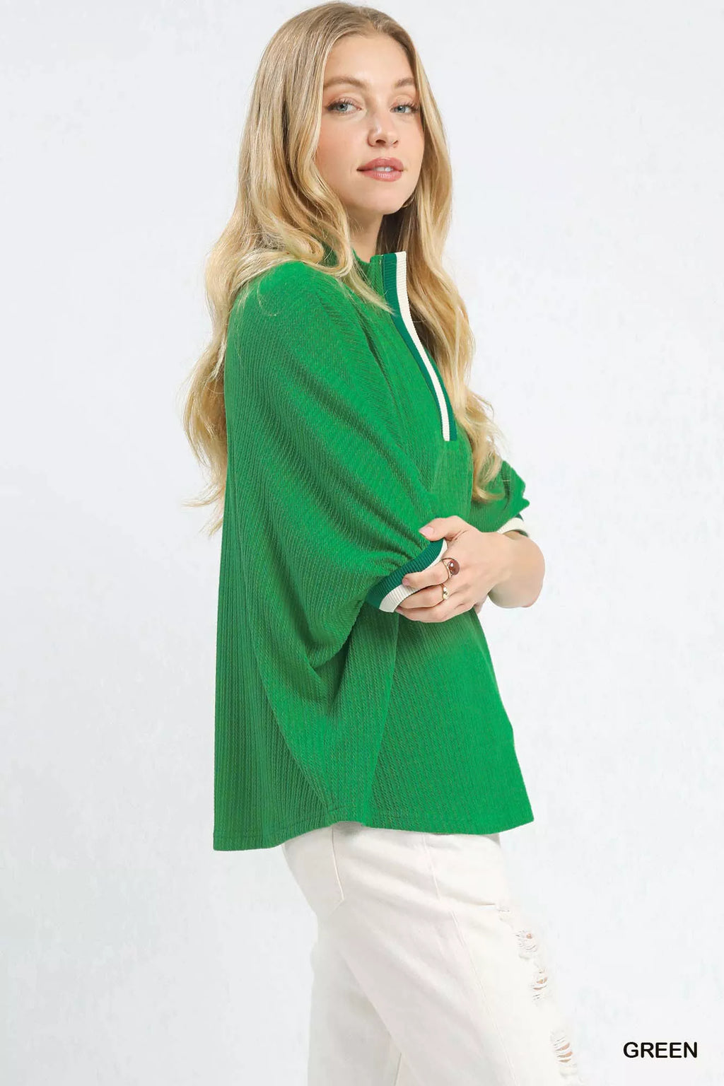 Umgee Textured Knit Top with Striped Contrast Trim