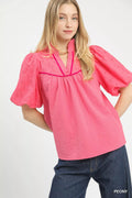 Umgee Puff Sleeve Eyelet Mix Top with Contrast Piping