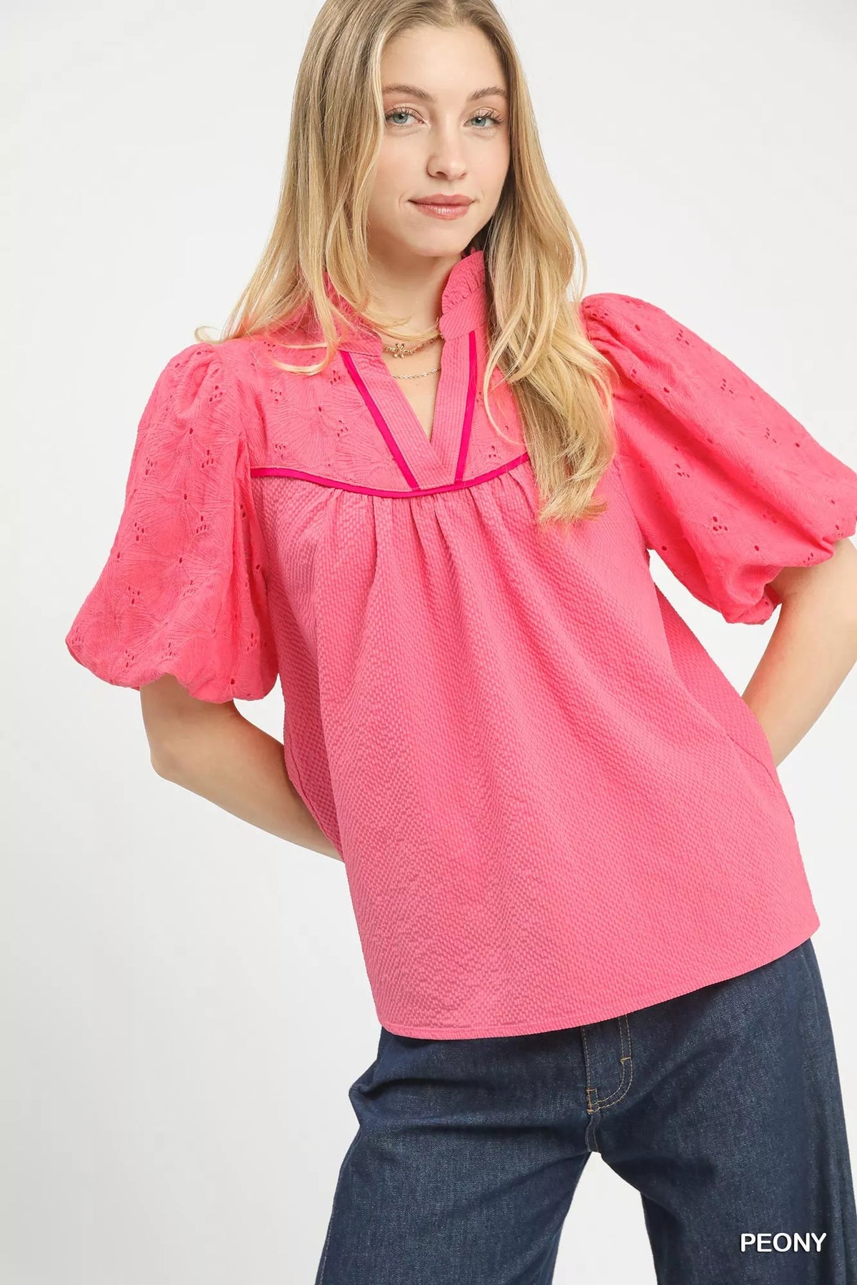 Umgee Puff Sleeve Eyelet Mix Top with Contrast Piping