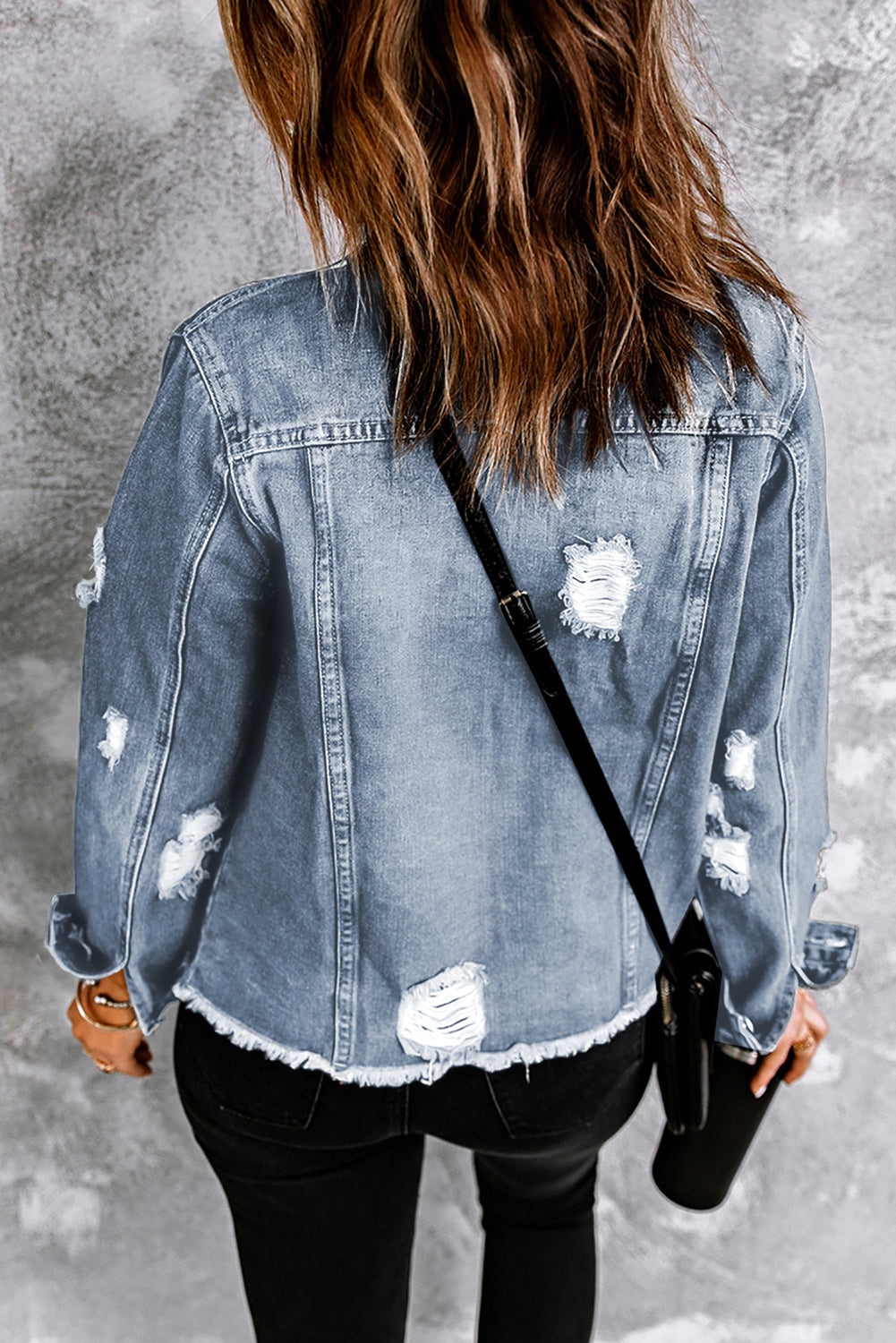 Denim Lapel Distressed Raw Hem Buttoned Jacket-1