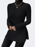 Plus Size Slit Ribbed Turtleneck Long Sleeve T-Shirt