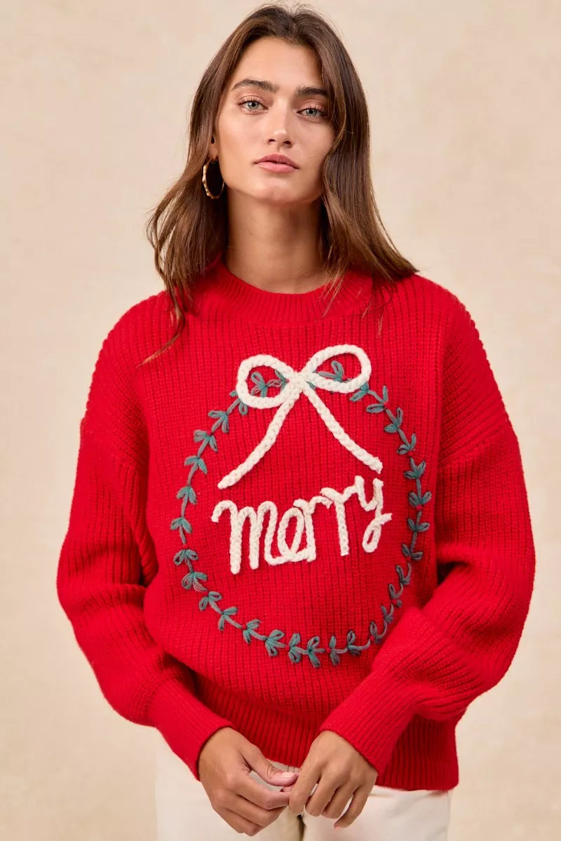 BiBi Christmas Wreath Merry Letter Knit Top