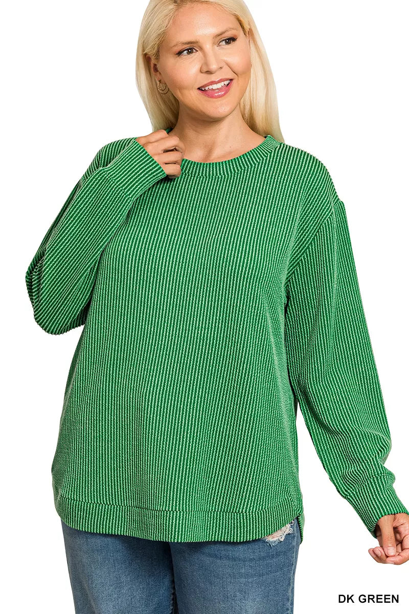 Zenana Full Size Raised Rib Round Neck Long Sleeve Top Plus Size