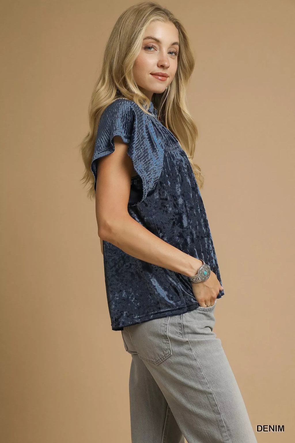 Umgee Crushed Velvet Pleated Blouse
