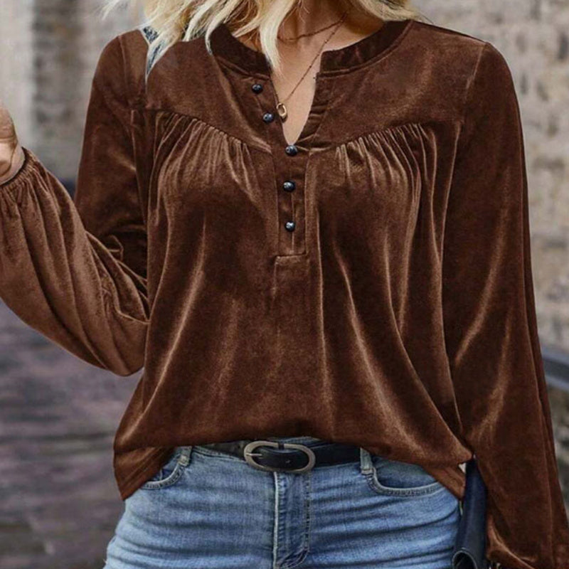 Women's Solid Color V-Neck Button Detail Long Sleeve Pullover