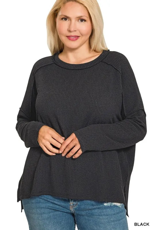 Zenana Full Size Exposed Seam Long Sleeve Corded Rib Knit Top Plus Size