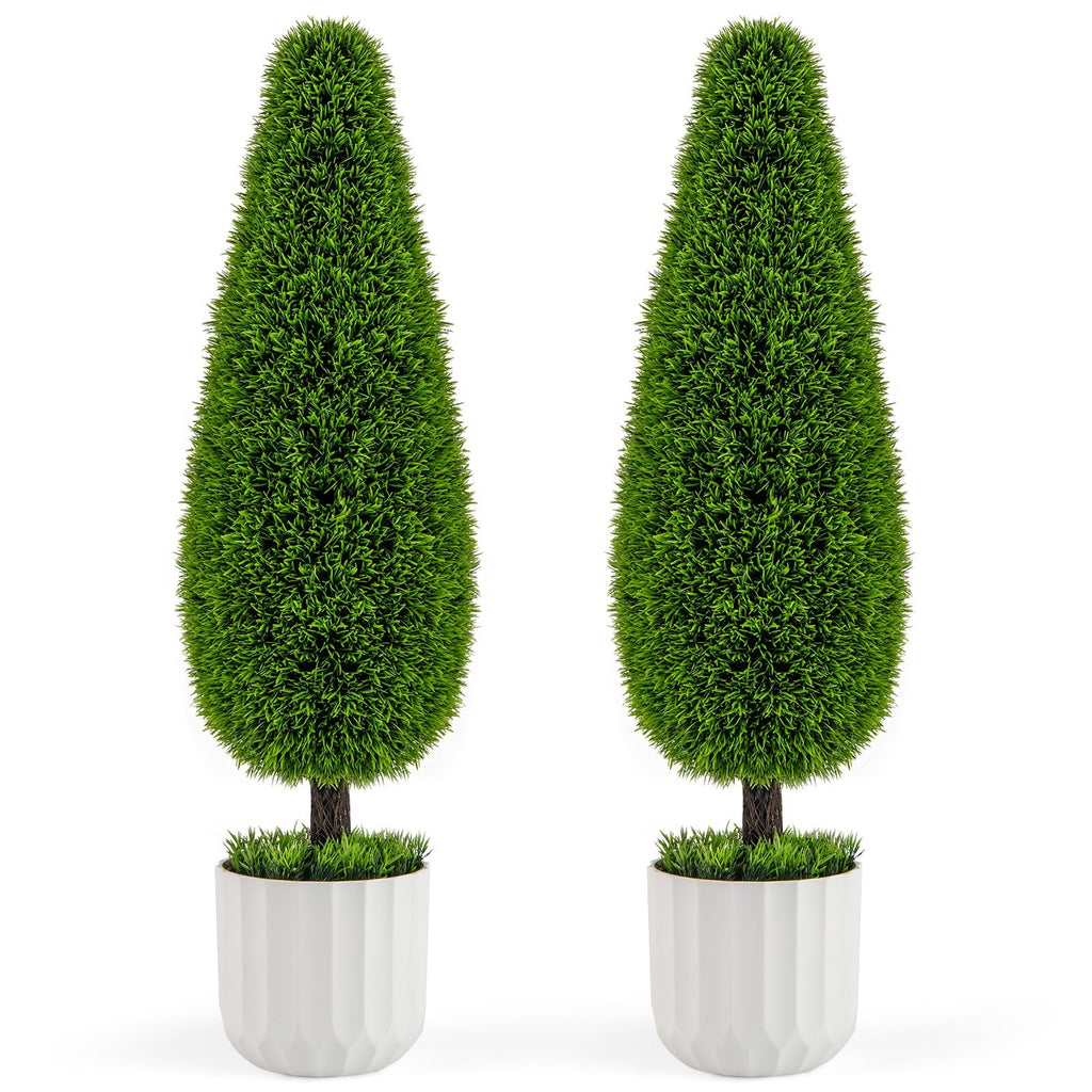 2 Pack 3 Feet Artificial Cedar Teardrop Shaped Bush with Plastic Nursery Pot-Green