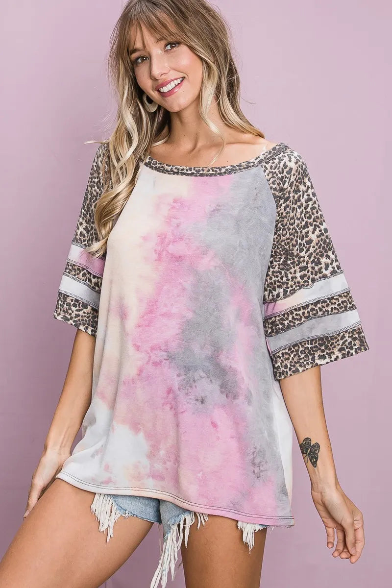 BiBi Tiedye French Terry with Leopard Sleeve Top