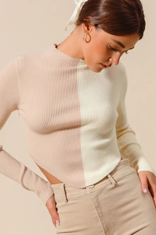 SO ME Color Block Fitted Crop Sweater Top