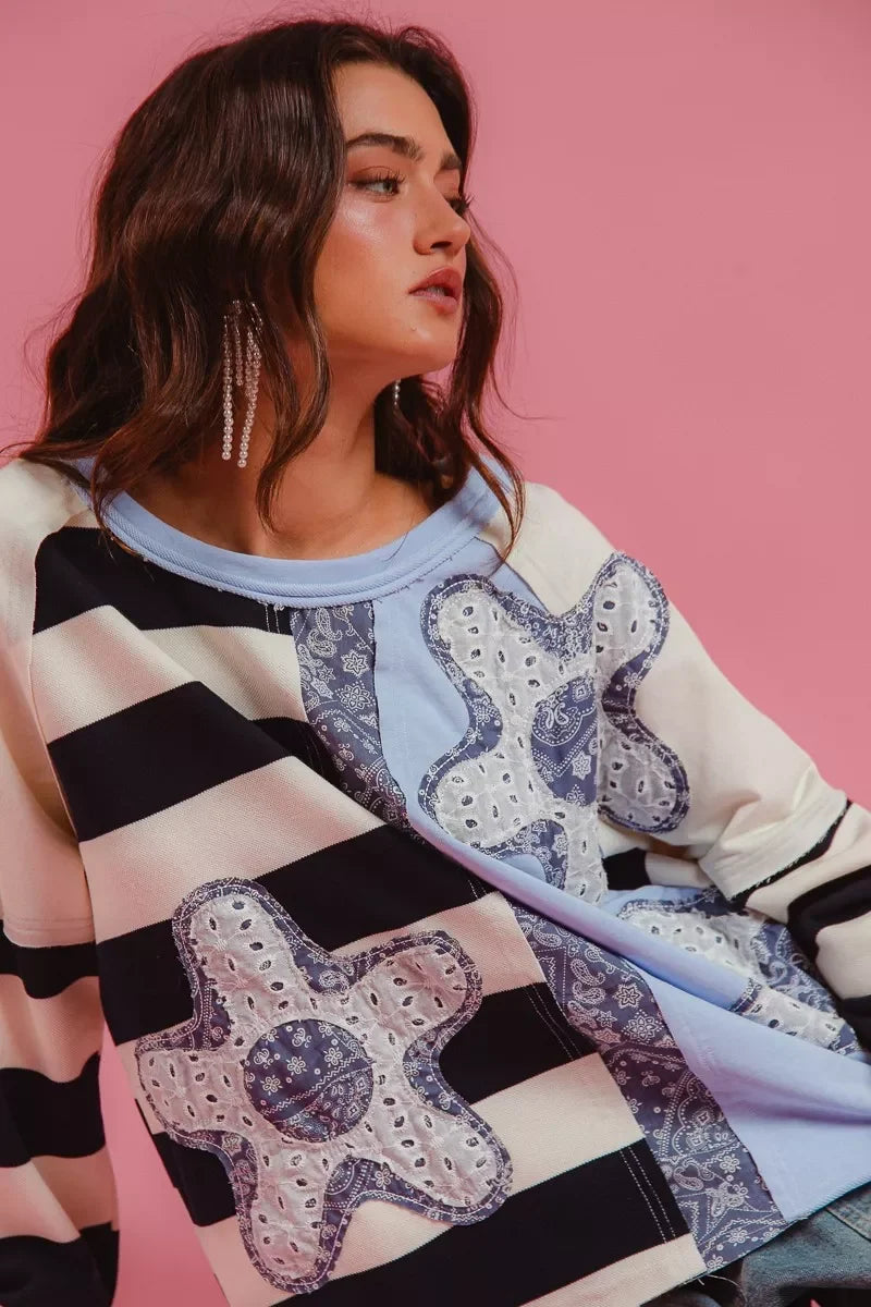 BiBi Patchwork Striped Round Neck Sweatshirt