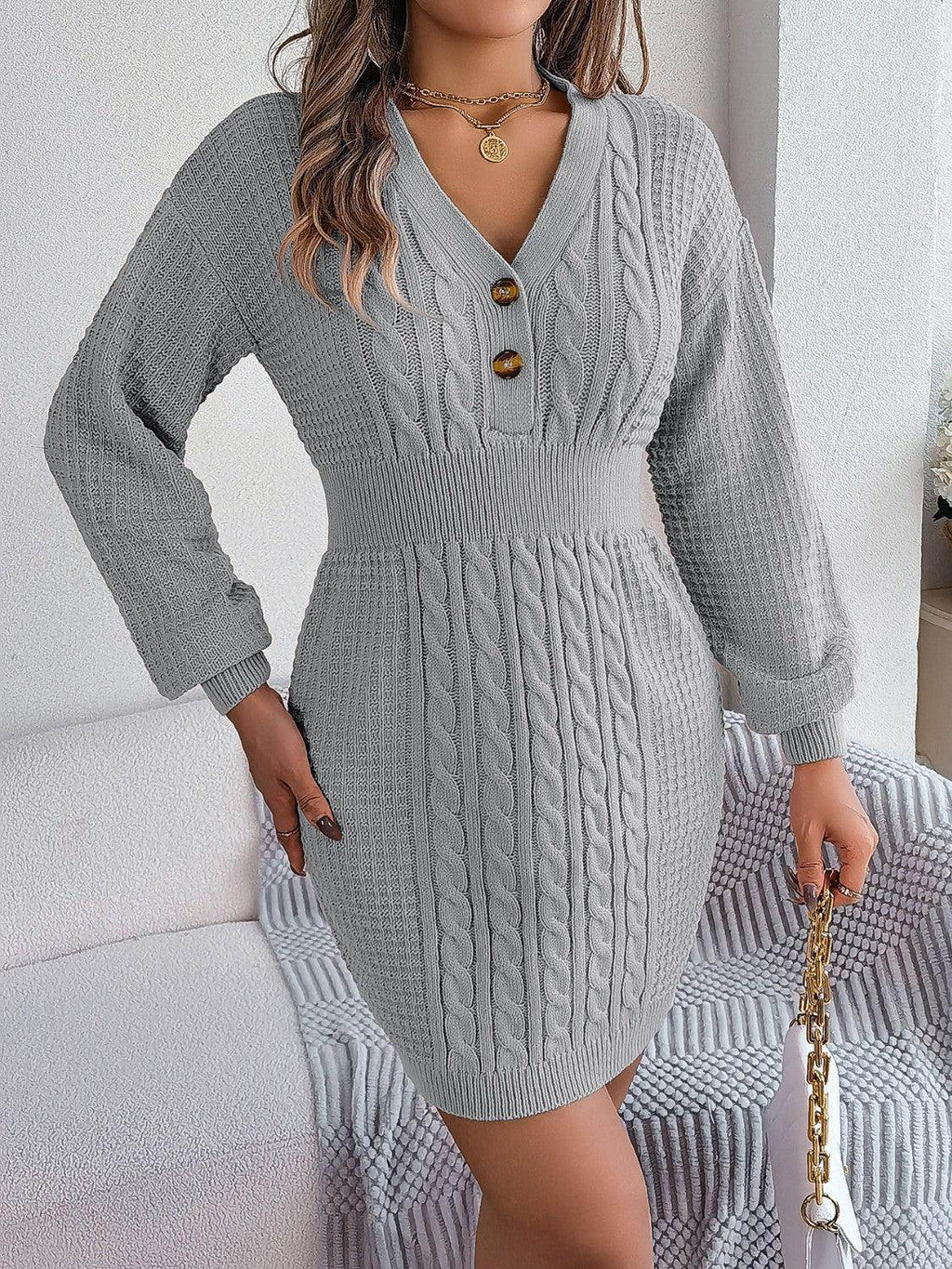Buttoned Cable-Knit V-Neck Sweater Dress for Women