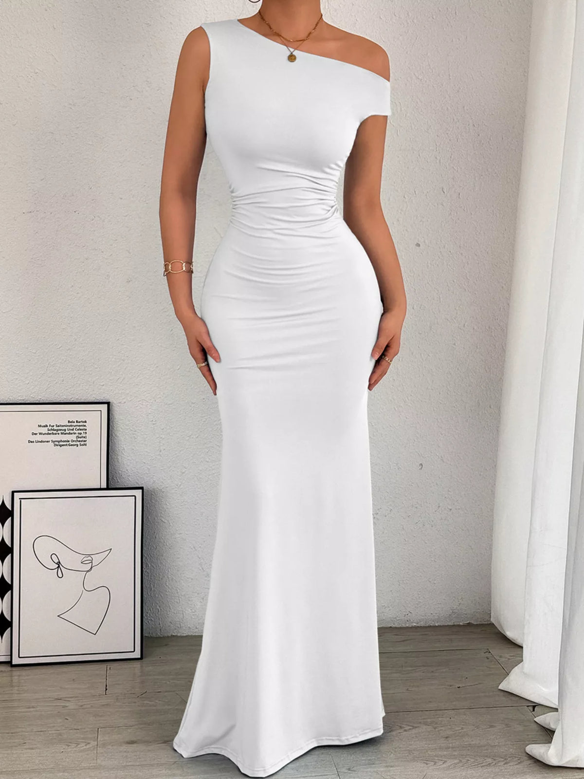One-Shoulder Ruched Bodycon Maxi Dress