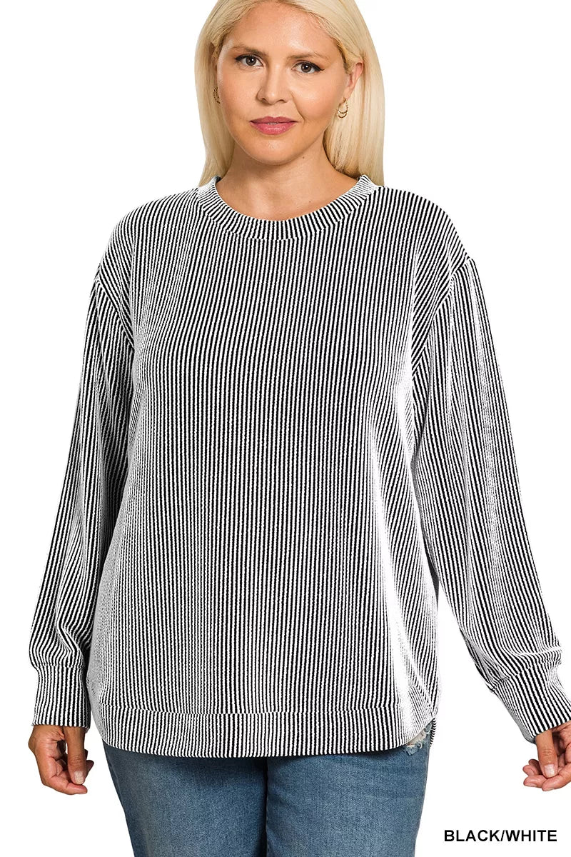 Zenana Full Size Raised Rib Round Neck Long Sleeve Top Plus Size