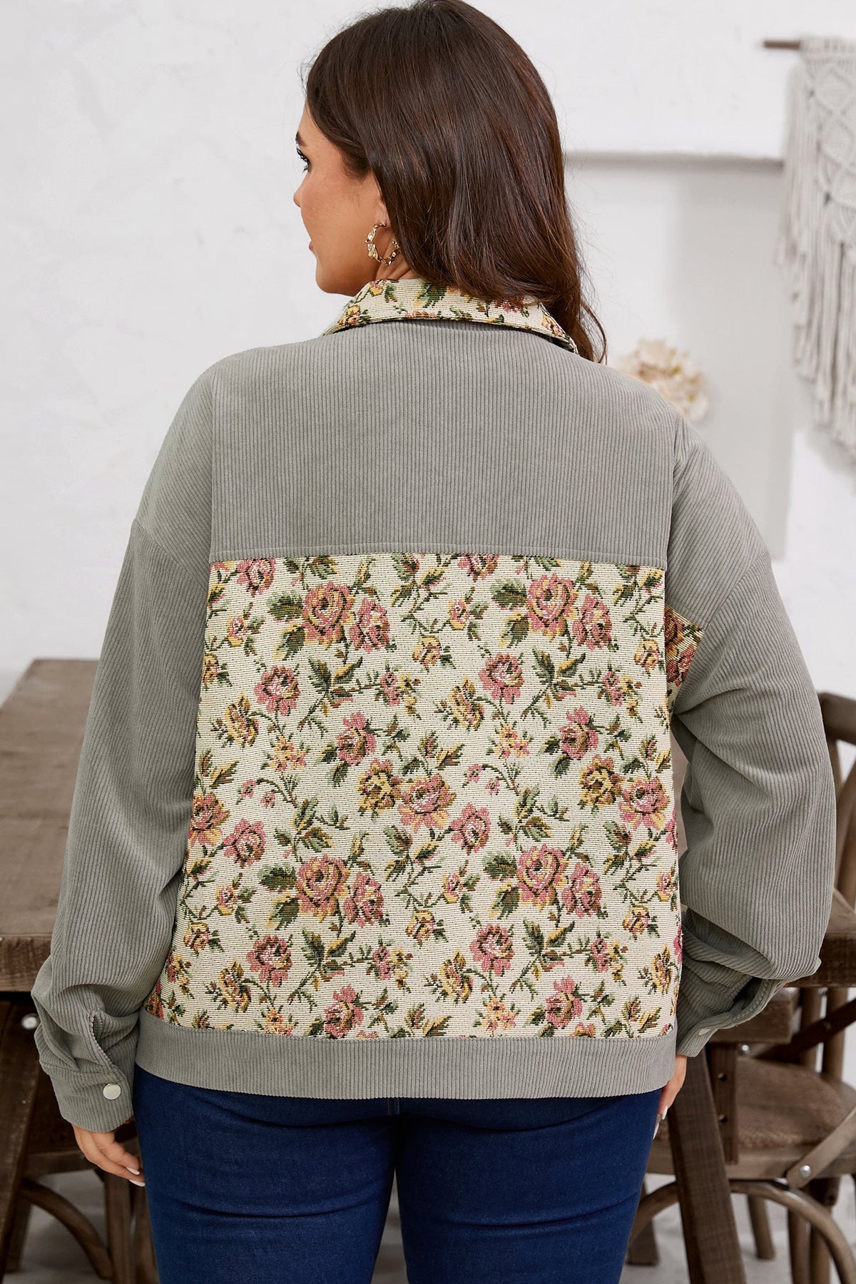 Plus Size Floral Patchwork Corduroy Pocketed Jacket-1