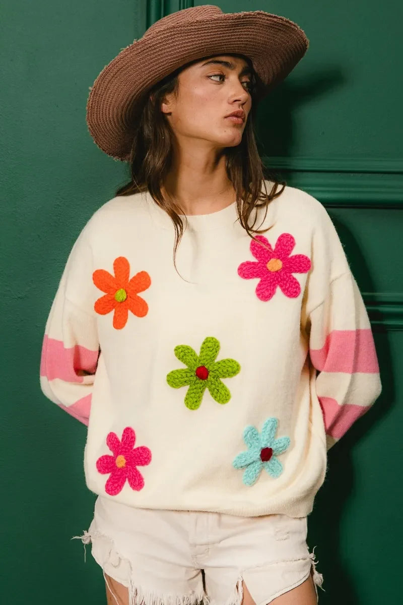 BiBi Colorful Floral Patched Sweater with Striped Sleeve