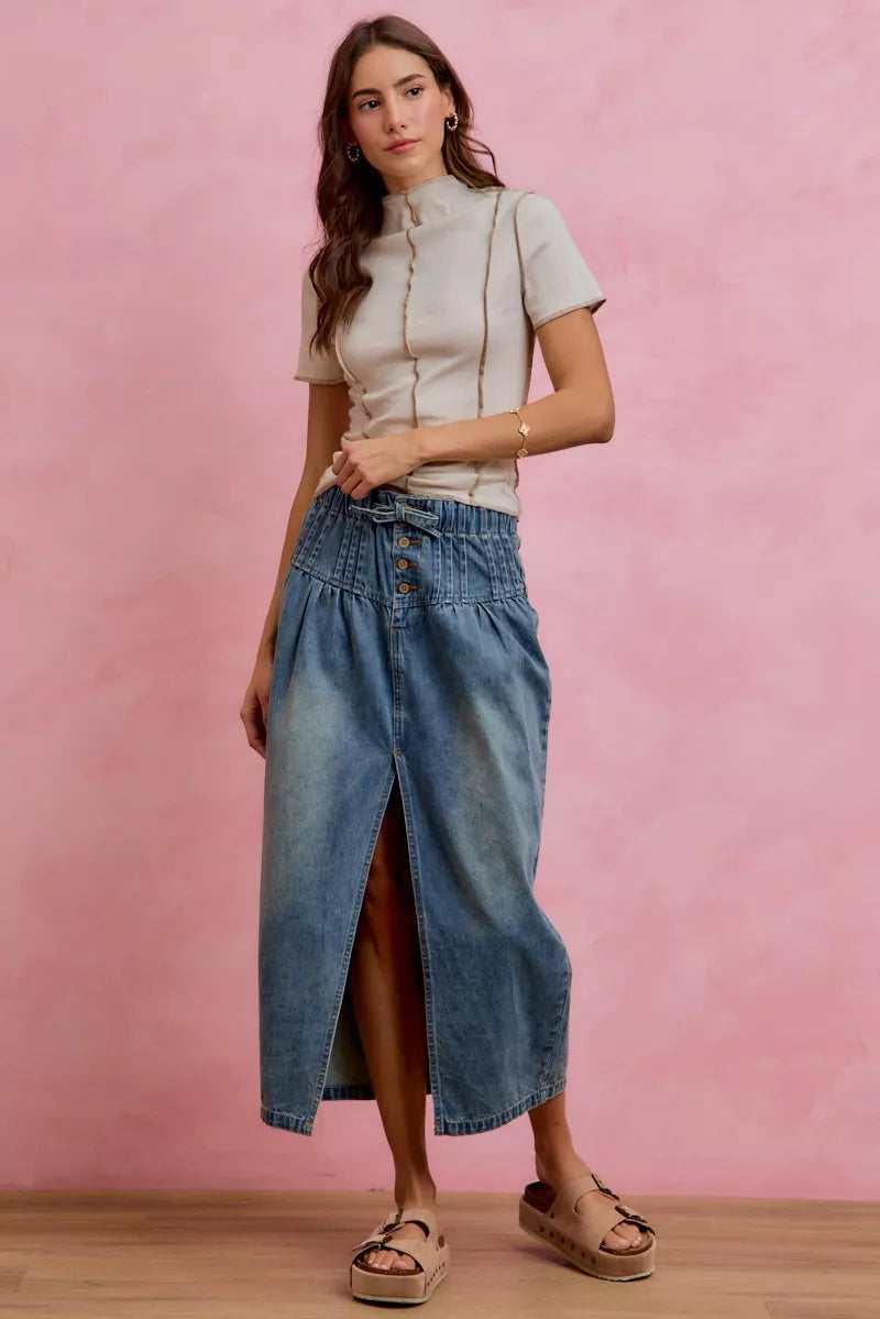 SO ME Pleated Washed Denim Skirt With Front Slit-3